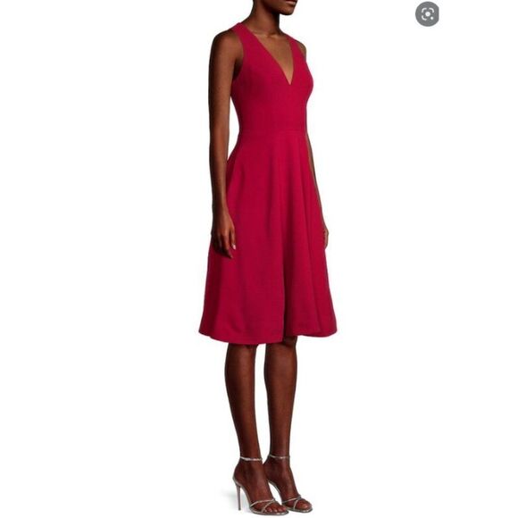 Dress The Population Womens Catalina Dress Fit & Flare L Red Garnet V-Neck NWT - Picture 2 of 7